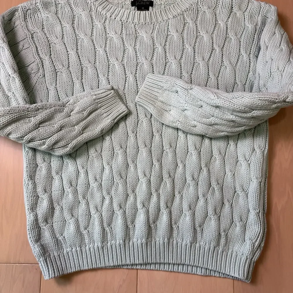 J Crew Cable Knit Sweater Women's Medium Teal Cotton Pullover Minimalist NYC